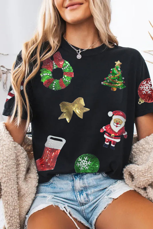 Black Sequin Christmas Essentials Graphic Crewneck T Shirt