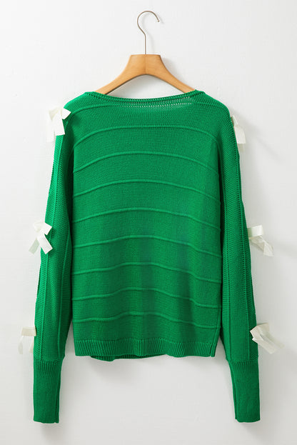 Bright Green Bow Knot Cut Out Round Neck Loose Sweater