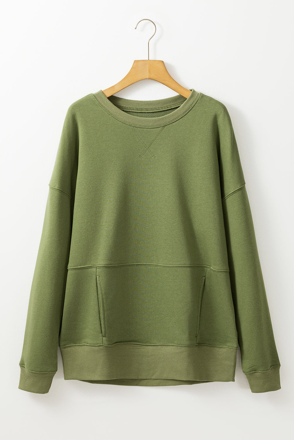 Vineyard Green Drop Shoulder Crisscross Stitching Pocketed Loose Sweatshirt