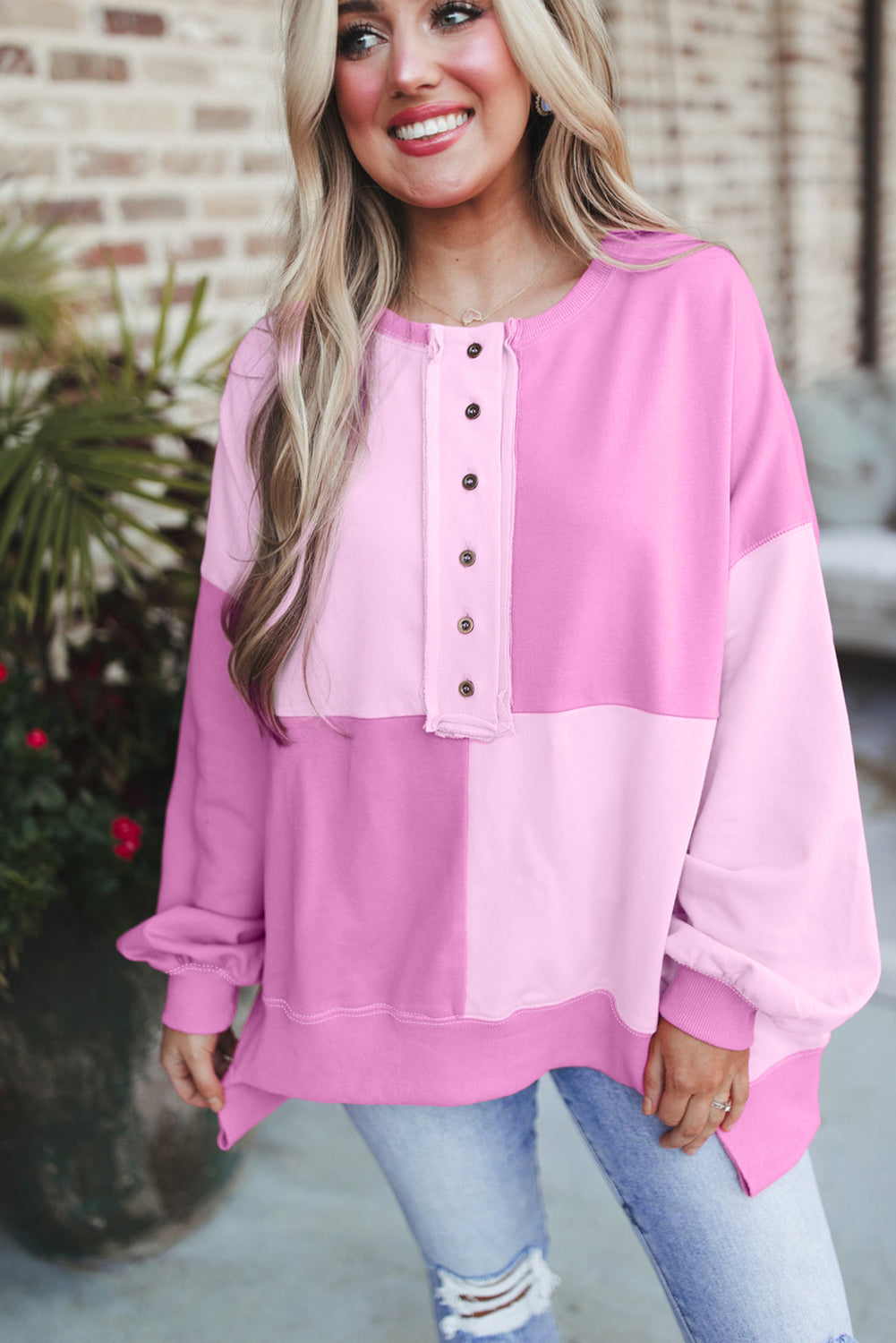 Pink Colorblock Henley High Low Oversize Sweatshirt