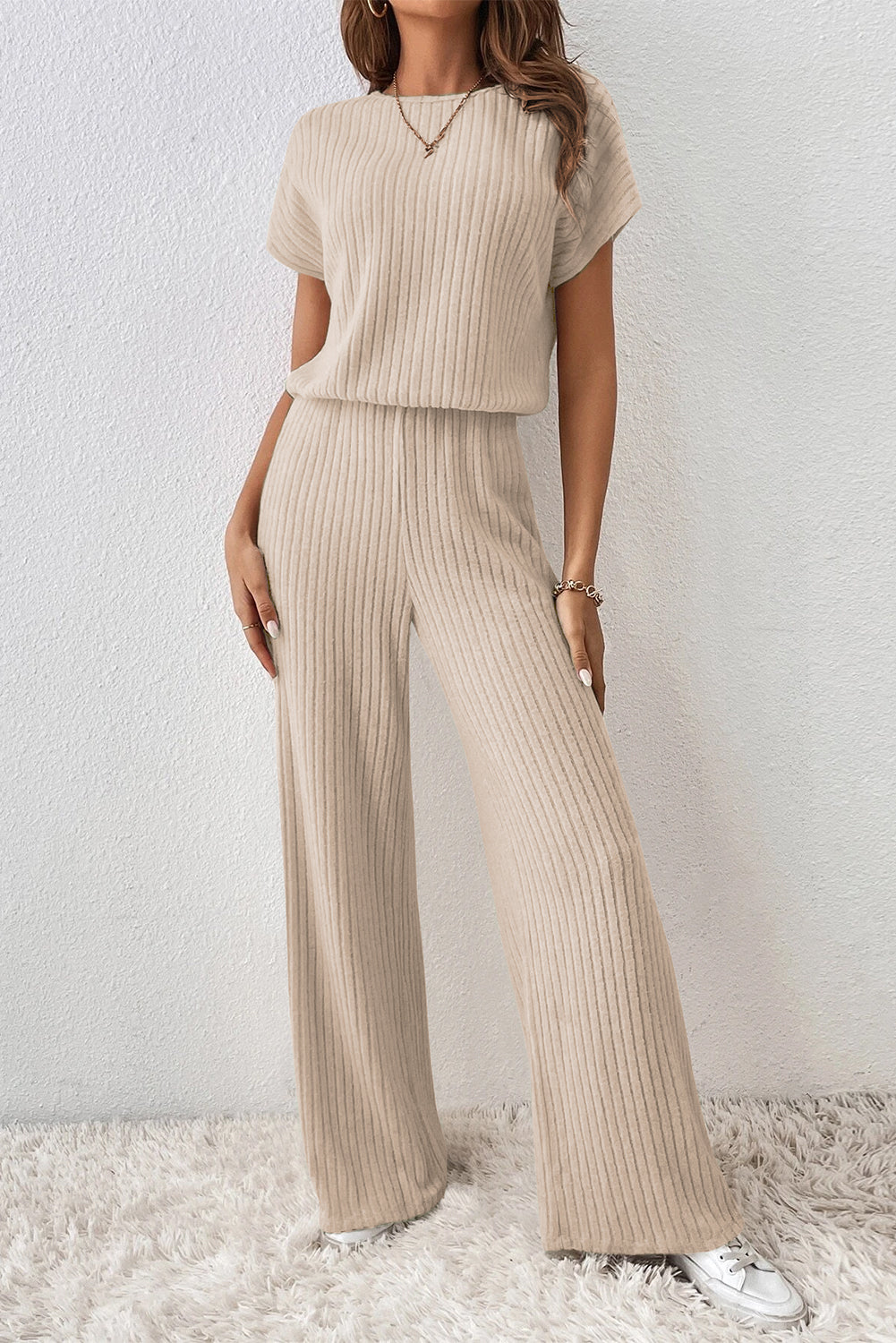 Parchment Solid Color Ribbed Short Sleeve Wide Leg Jumpsuit