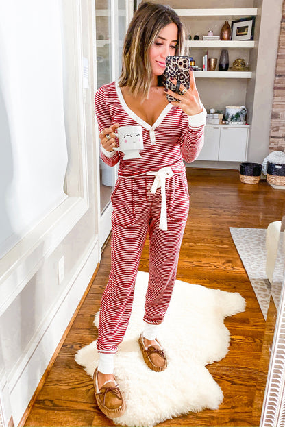 Red Stripe Buttoned V Neck Top and Knotted Waist Pants Lounge Set