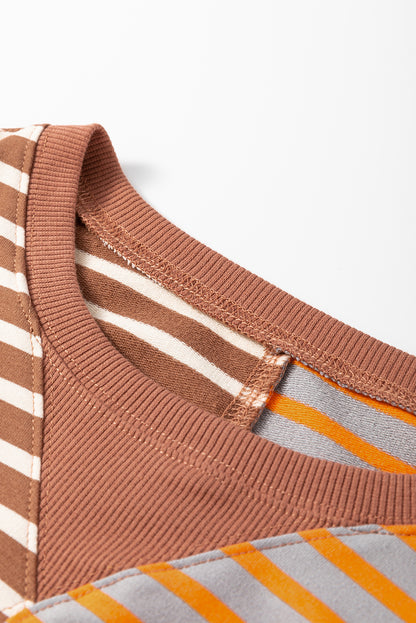 Brown Stripe Colorblock Drop Shoulder Oversize Sweatshirt