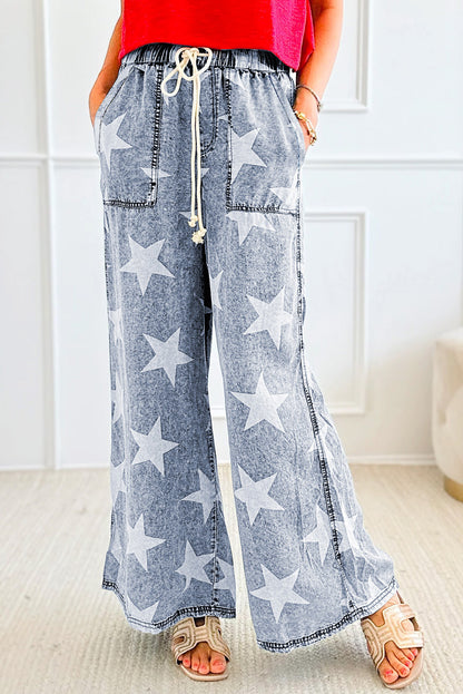 Light Blue Star Print Light Wash Drawstring High Waist Wide Leg Jeans