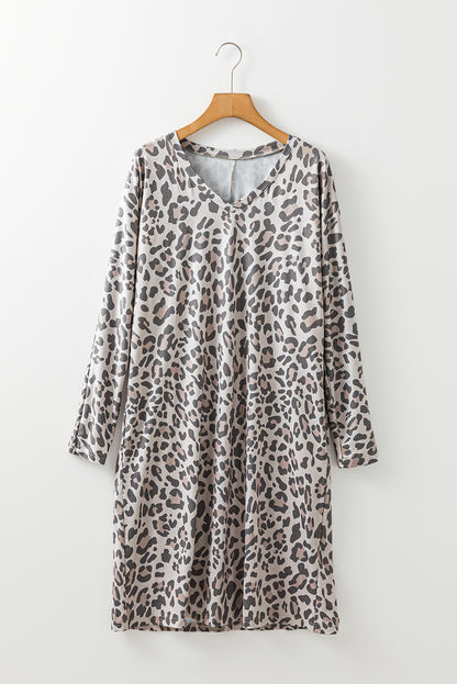 Gray Leopard Print V Neck Loose Fit Mini Dress