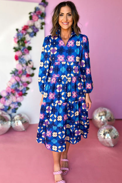 Blue Floral Peasant Sleeve Tiered Ruffle Midi Dress