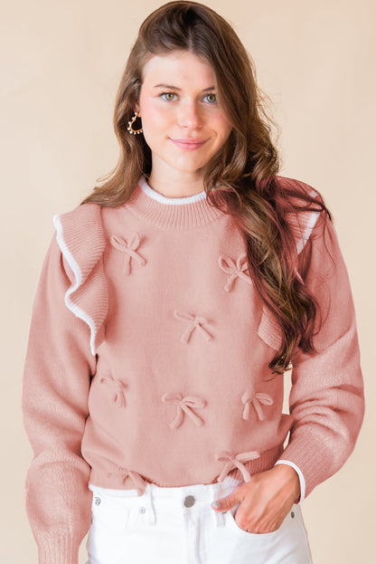 Light Pink Ruffled Bowknot Ribbed Trim Long Sleeve Sweater