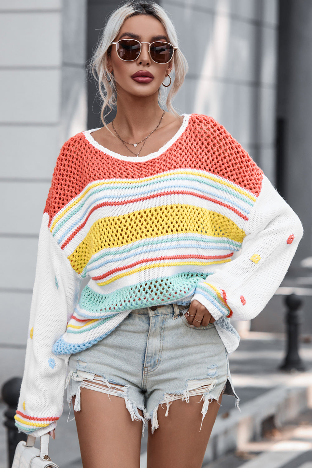 Multicolor Hollow Striped Knit Contrast Sleeve Sweater