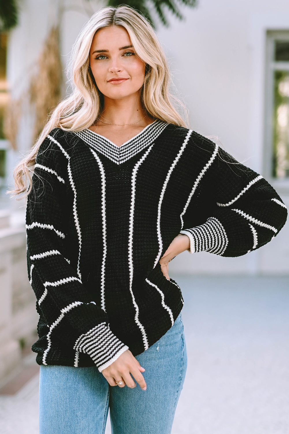 Black Colorblock Striped V Neck Knitted Loose Sweater