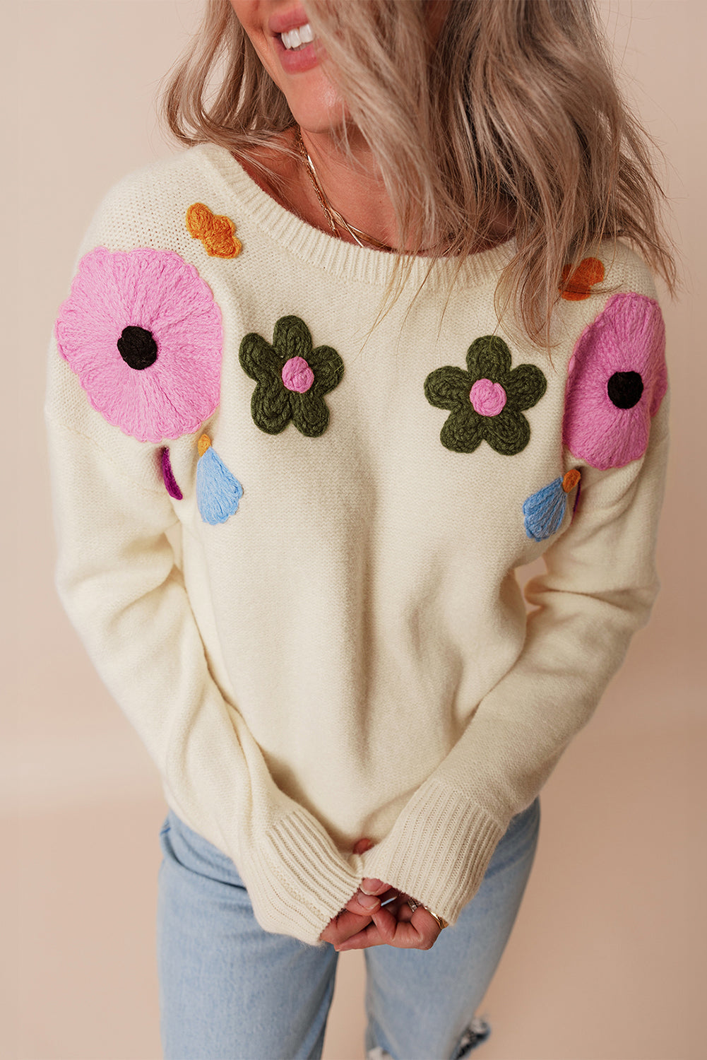 Beige Knitted Flower Pattern Ribbed Edge Sweater