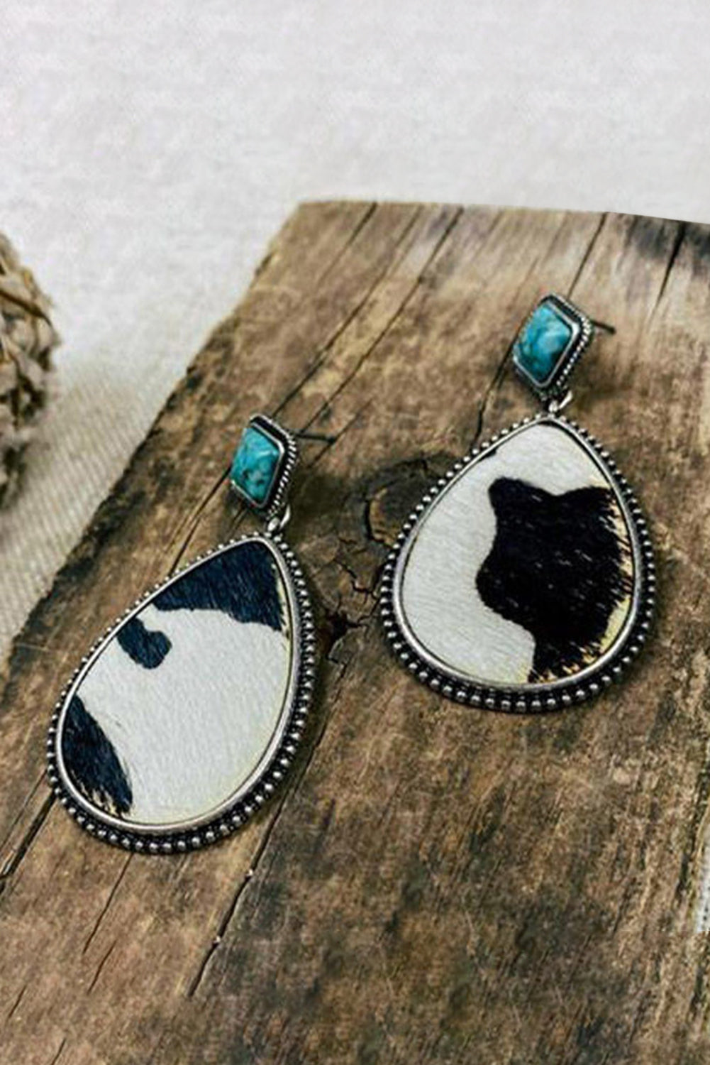 Black Cow Print Turquoise Drop Earrings