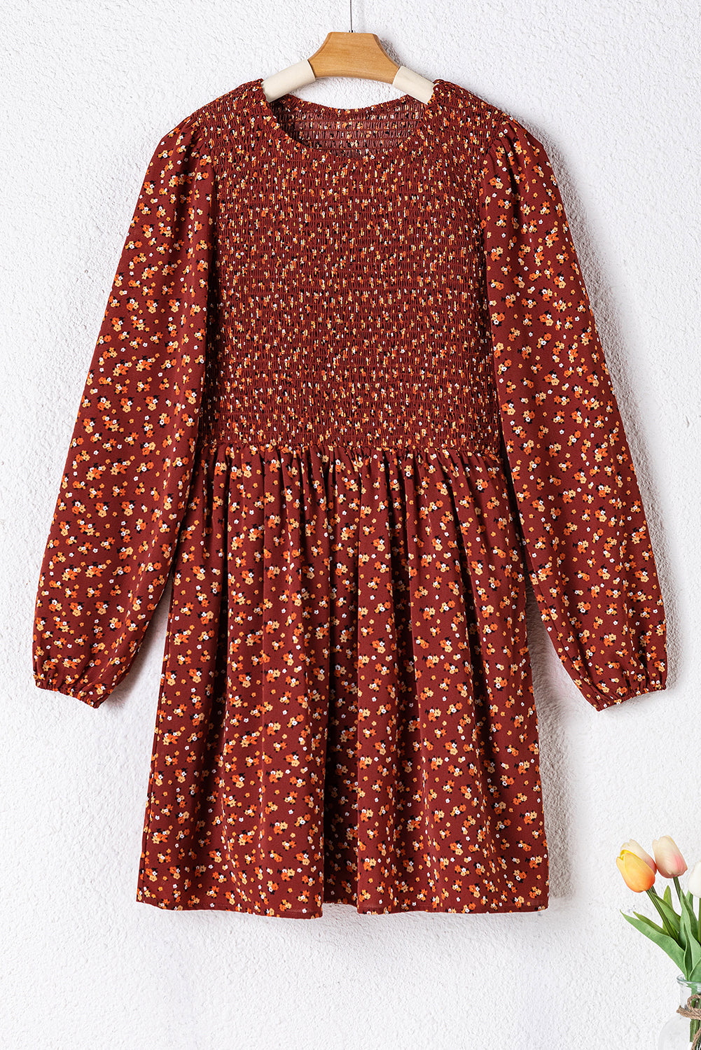 Brown Floral Smocked Bodice Mini Dress