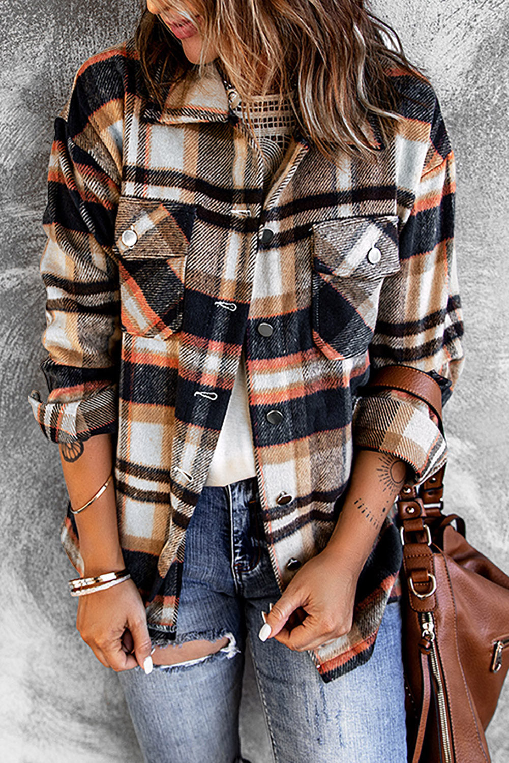 Geometric Plaid Print Pocketed Shacket