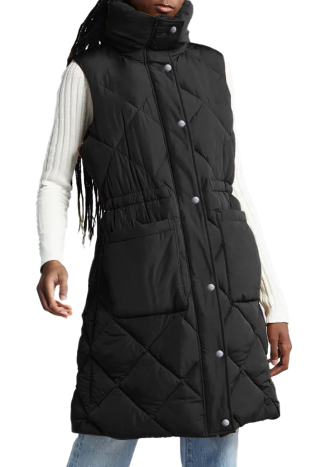 Black Longline Quilted Stand Collar Puffer Vest