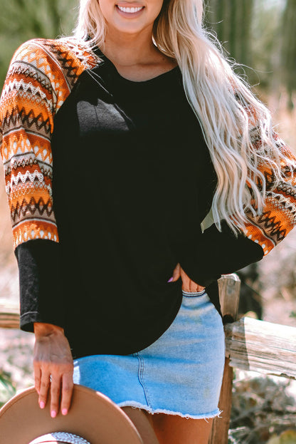 Orange Geo Print Raglan Patchwork Long Sleeve Tee