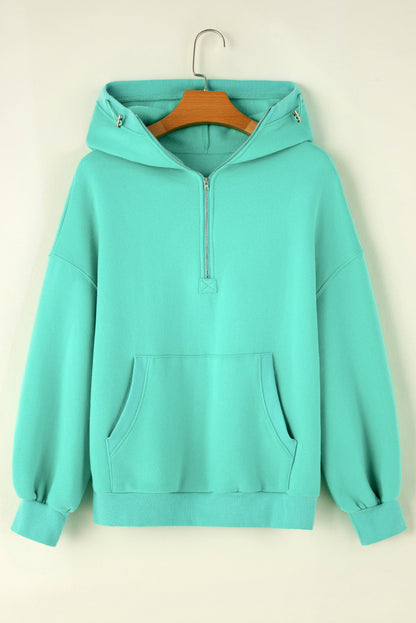 Mint Green Half Zip Kangaroo Pocket Drop Shoulder Hoodie