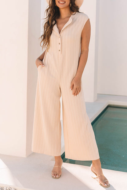 Smoke Gray Textured Buttoned Wide Leg Sleeveless Jumpsuit