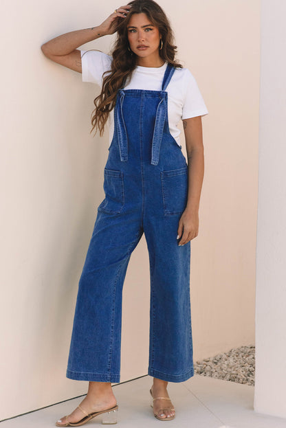 Prussian Blue Mineral Wash Knotted Strap Patched Pocket Wide Leg Denim Overalls