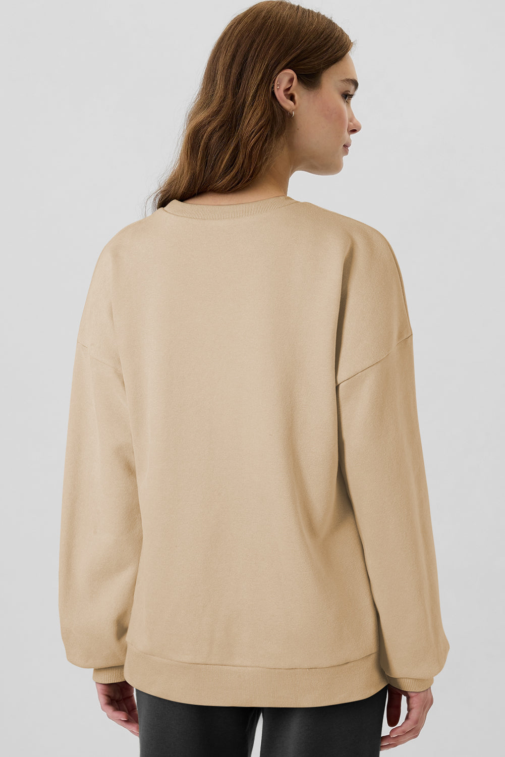 Camel Solid Fleece Lined Drop Shoulder High Low Sweatshirt