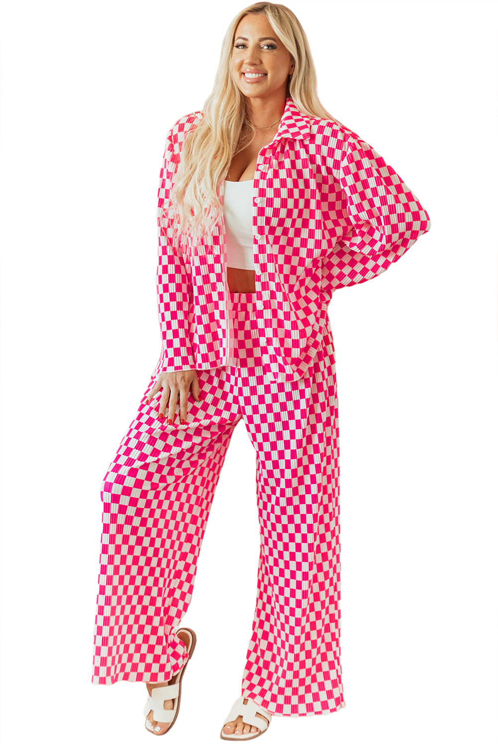 Pink Checkered Buttoned Shirt and High Waist Pants Pajama Set