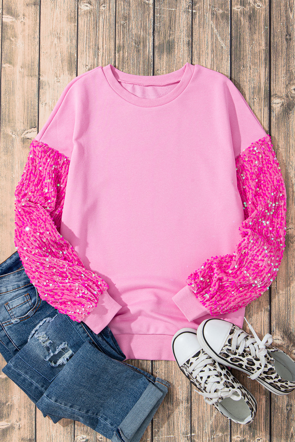 Pink Sequin Patchwork Long Sleeve Pullover Top