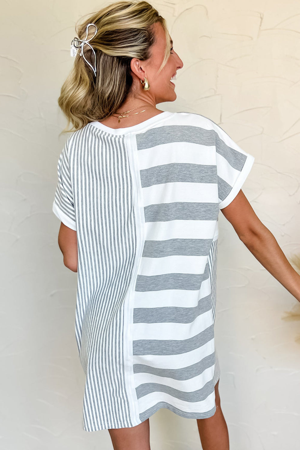 Gray Stripe Mixed Printed Short Sleeve Shift Mini T Shirt Dress