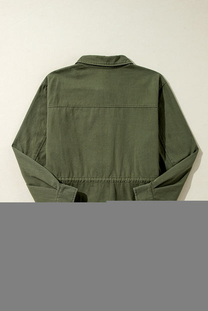 Moss Green Snap Button Zipper Tight Waist Collared Jacket