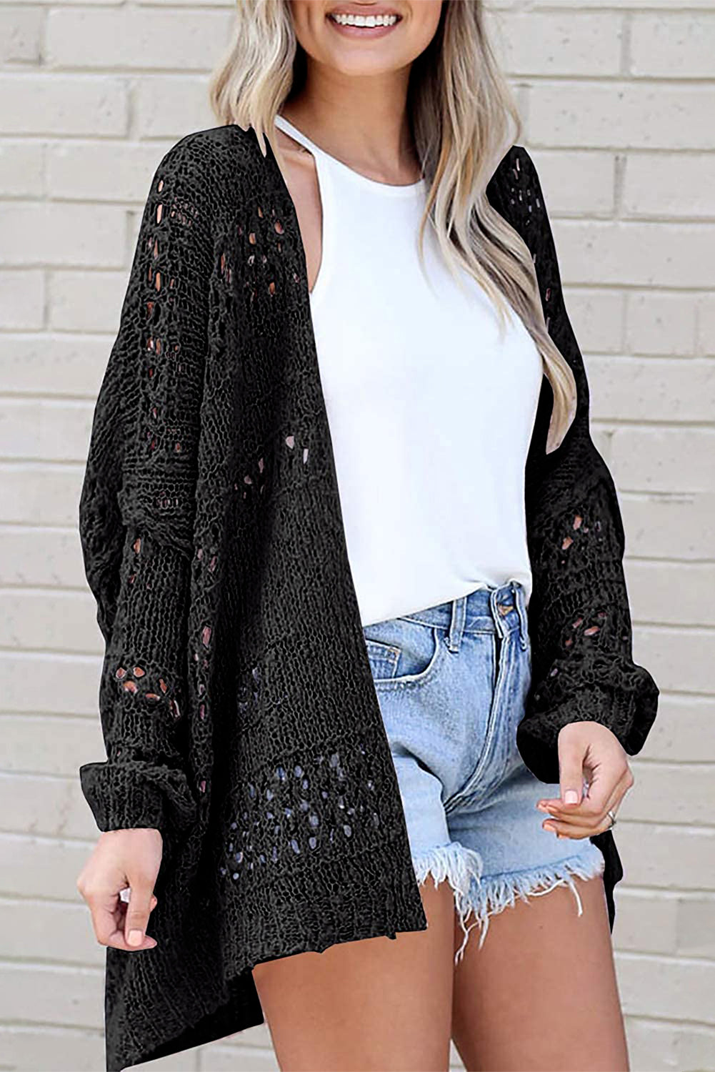 Black Casual Hollowed Knit Dolman Sleeve Cardigan