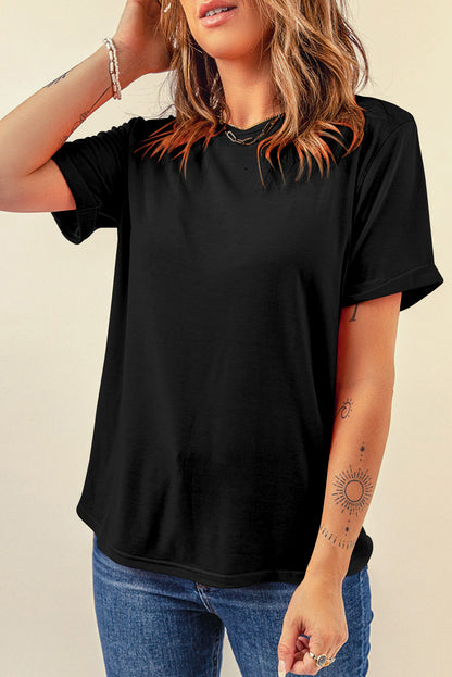 Black Casual Plain Crew Neck Tee