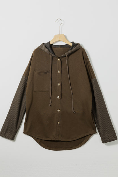 Dark Brown Button Up Contrast Knitted Sleeves Hooded Jacket