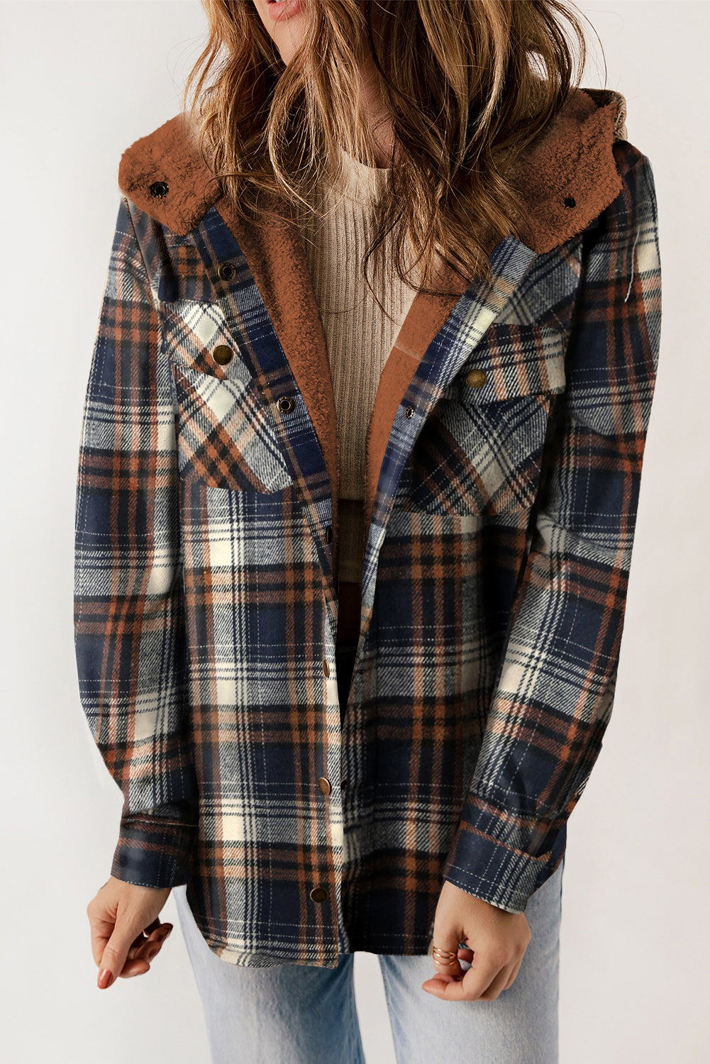 Plaid Pattern Sherpa Lined Hooded Shacket