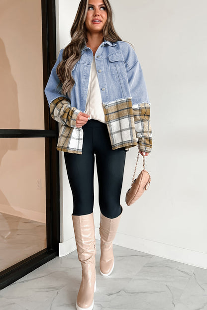 Khaki Plaid Patchwork Buttoned Oversized Denim Jacket