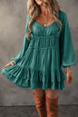 Mist Green Tiered Ruffled Puff Sleeve Loose Fit Mini Dress