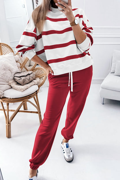 Brown Stripe Striped Drop Shoulder Pullover and Jogger Pants Set