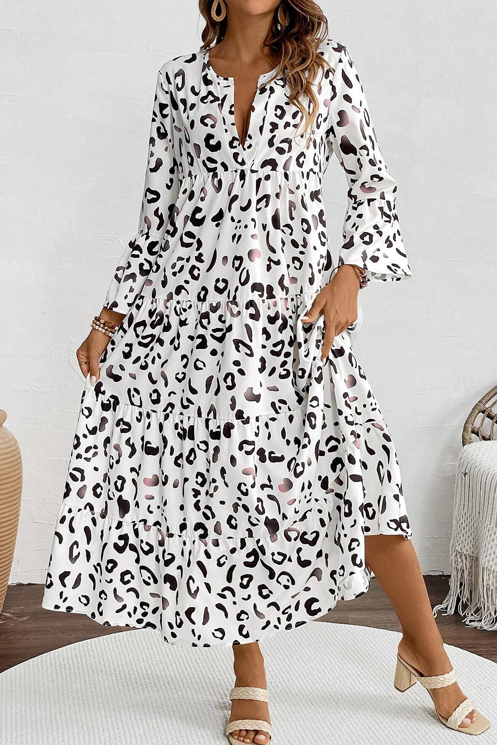 White Leopard Print Notch V Neck Loose Fit Maxi Dress