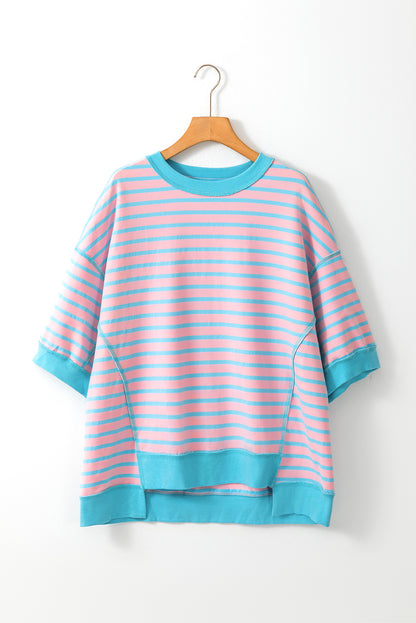 Pink Stripe Oversized Contrast Trim Exposed Seam High Low T Shirt