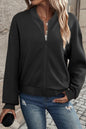 Black Solid Textured Stand Neck Zipper Bomber Jacket