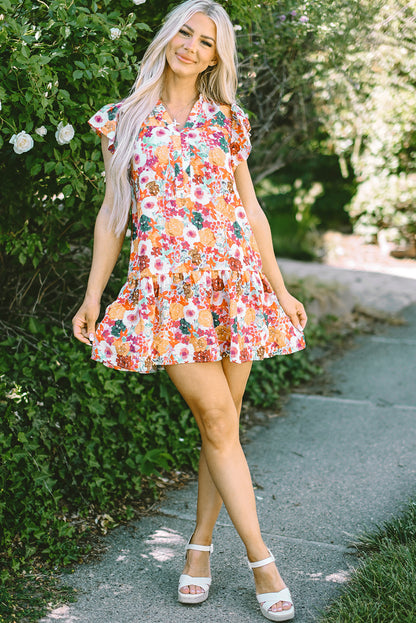 Purple Floral Print Split Neck Flutter Sleeve Dress