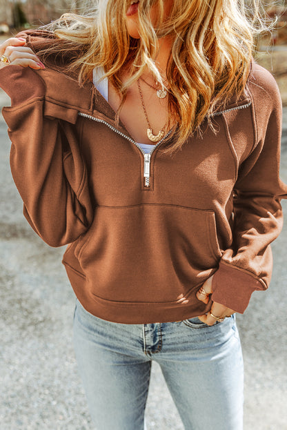 Brown Quarter Zip Kangaroo Pocket Hoodie