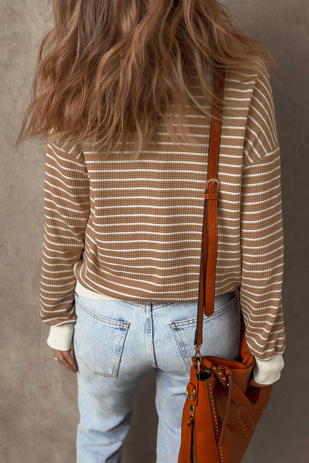 Khaki Stripe Patched Edge Textured Round Neck Long Sleeve Top