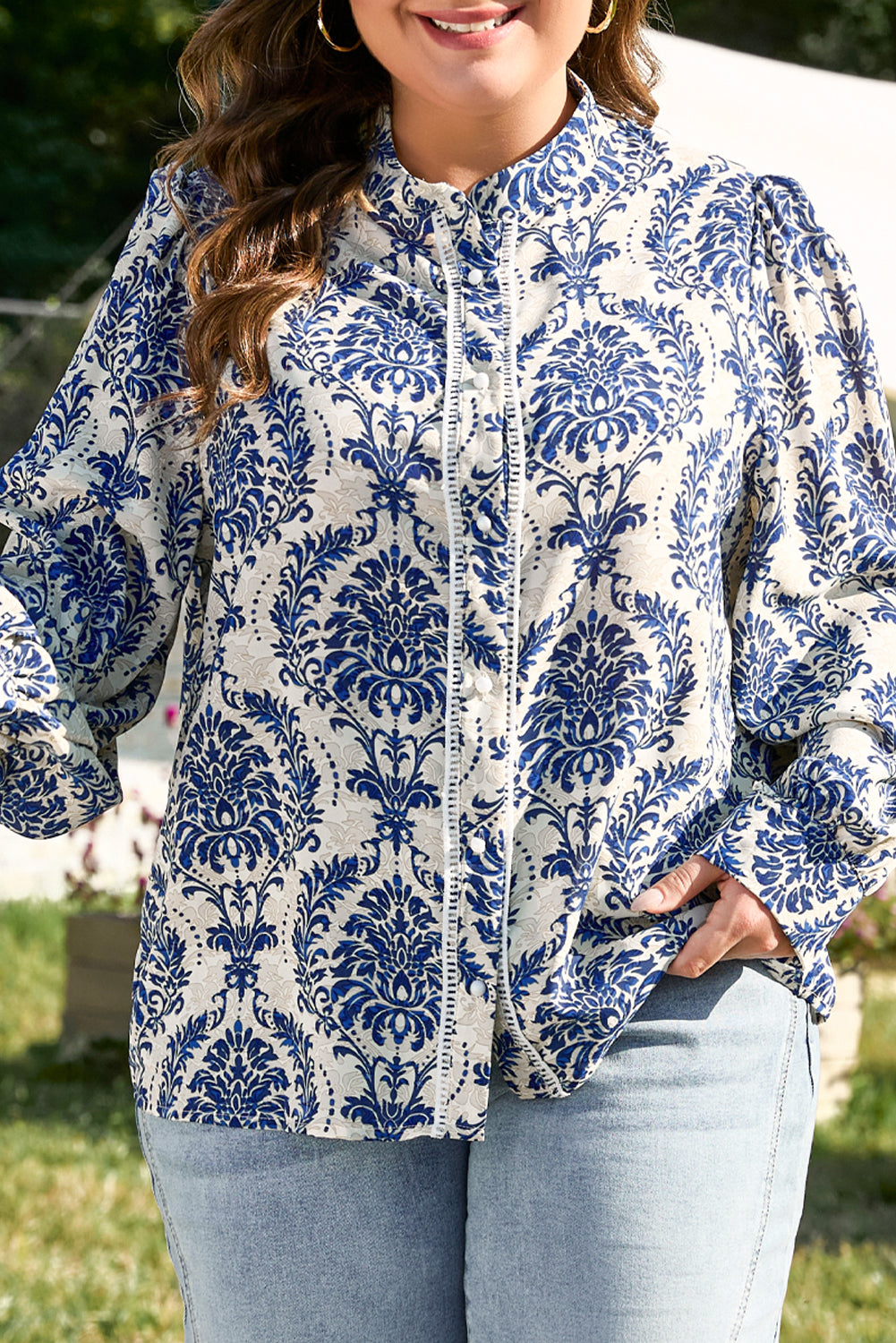 Sky Blue Tribal Pattern Print Notch Neck Buttoned Plus Size Shirt