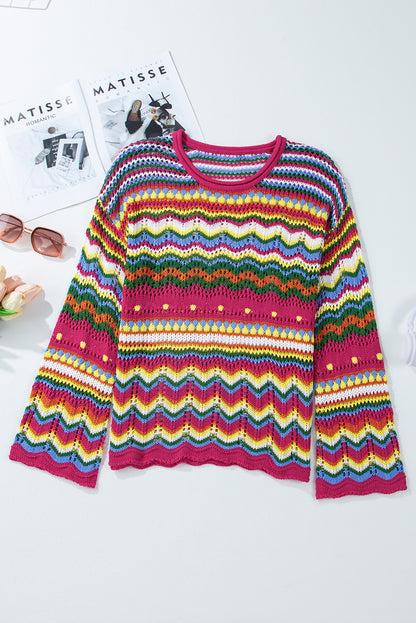 Rose Red Colorblock Striped Hollowed Knit Loose Sleeve Sweater