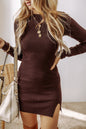 Coffee Slim Fit Mock Neck Side Slit Sweater Dress