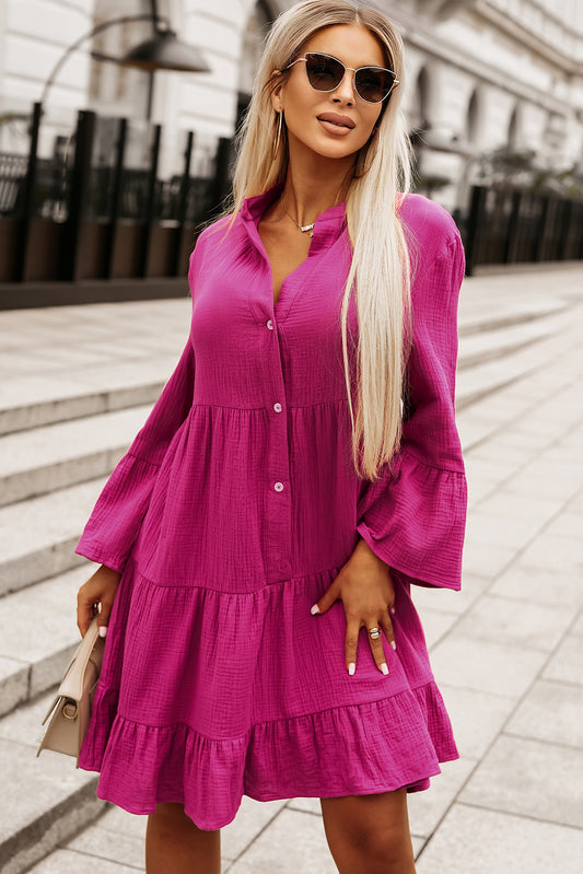 Rose Crinkled Tiered Split Neck Shirt Dress