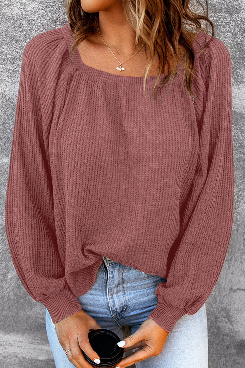 Square Neck Puff Sleeve Waffle Knit Top