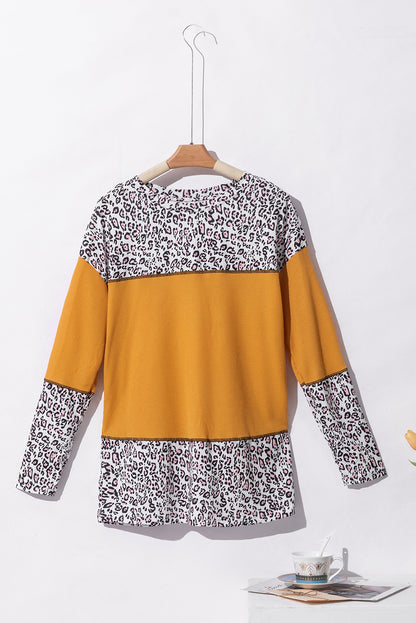 Vitality Orange Leopard Print Waffle Knit Patchwork Top