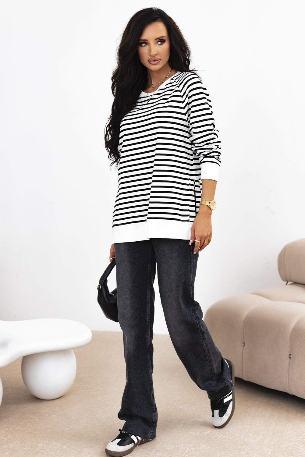 Black Stripe Raglan Sleeve Side Slits Loose Sweatshirt