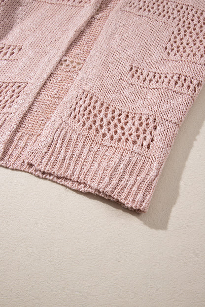 Pink Casual Hollowed Knit Dolman Sleeve Cardigan