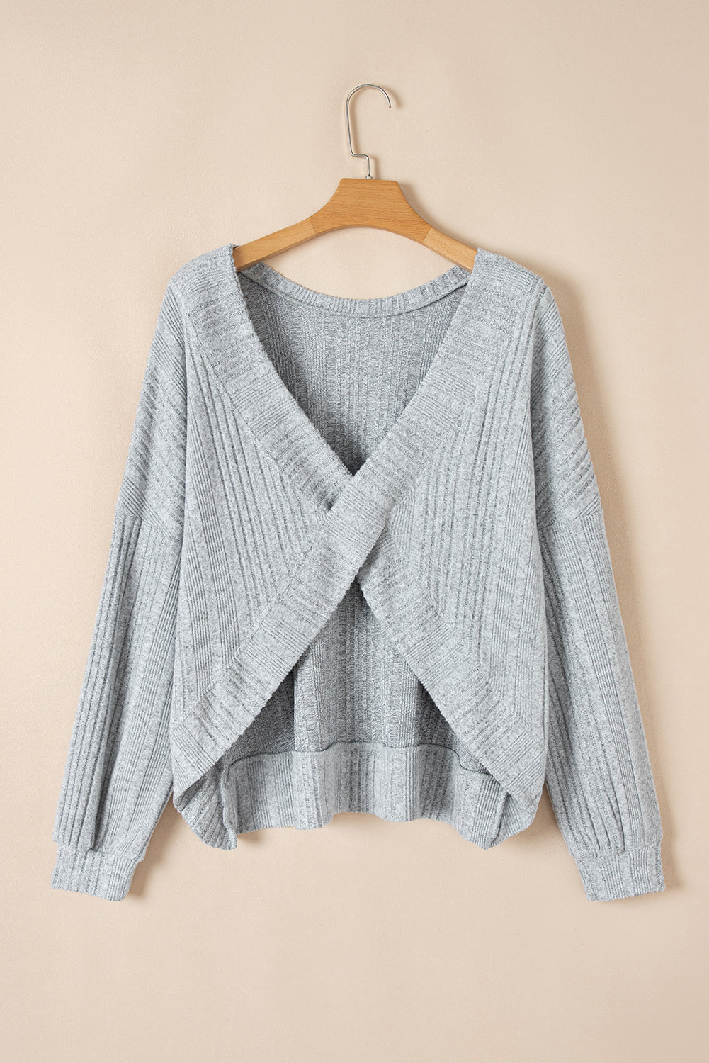 Light Grey Textured Crossover Backless Knit Long Sleeve Top