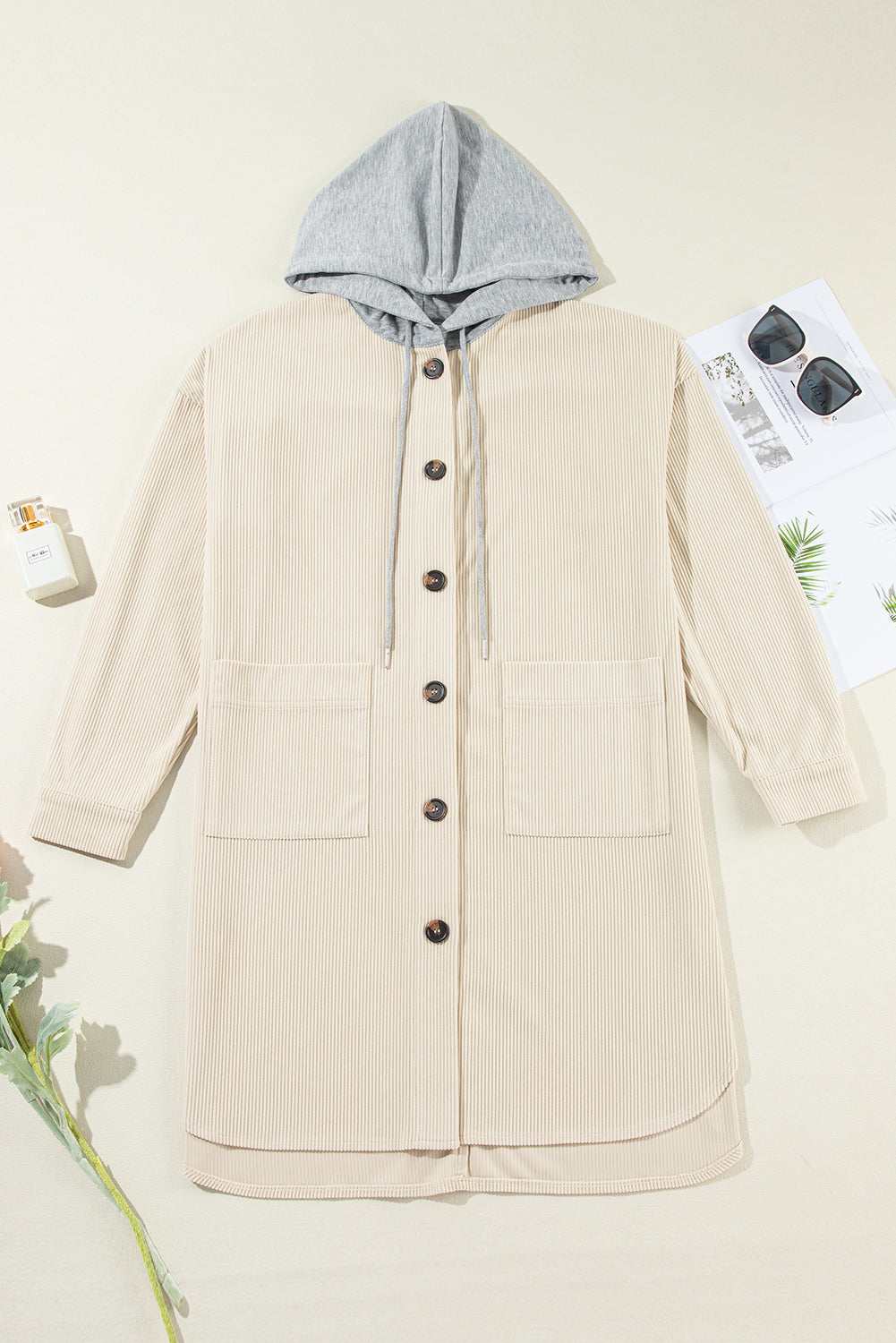 Beige Oversized Corduroy Contrast Hooded Shacket